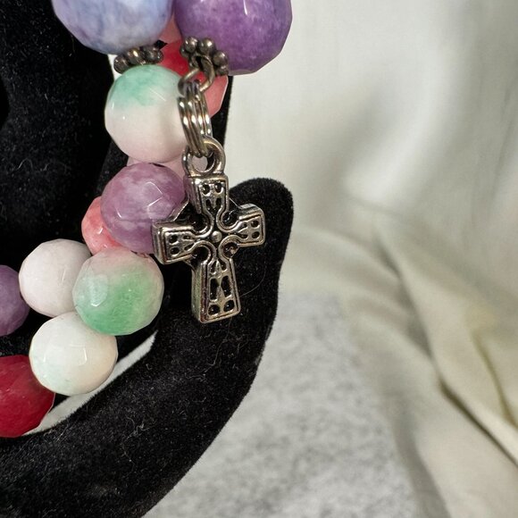 Handmade Candy Jade stones Rosary Wrap Beaded Bracelet With Cross & Heart Charms - Picture 4 of 8
